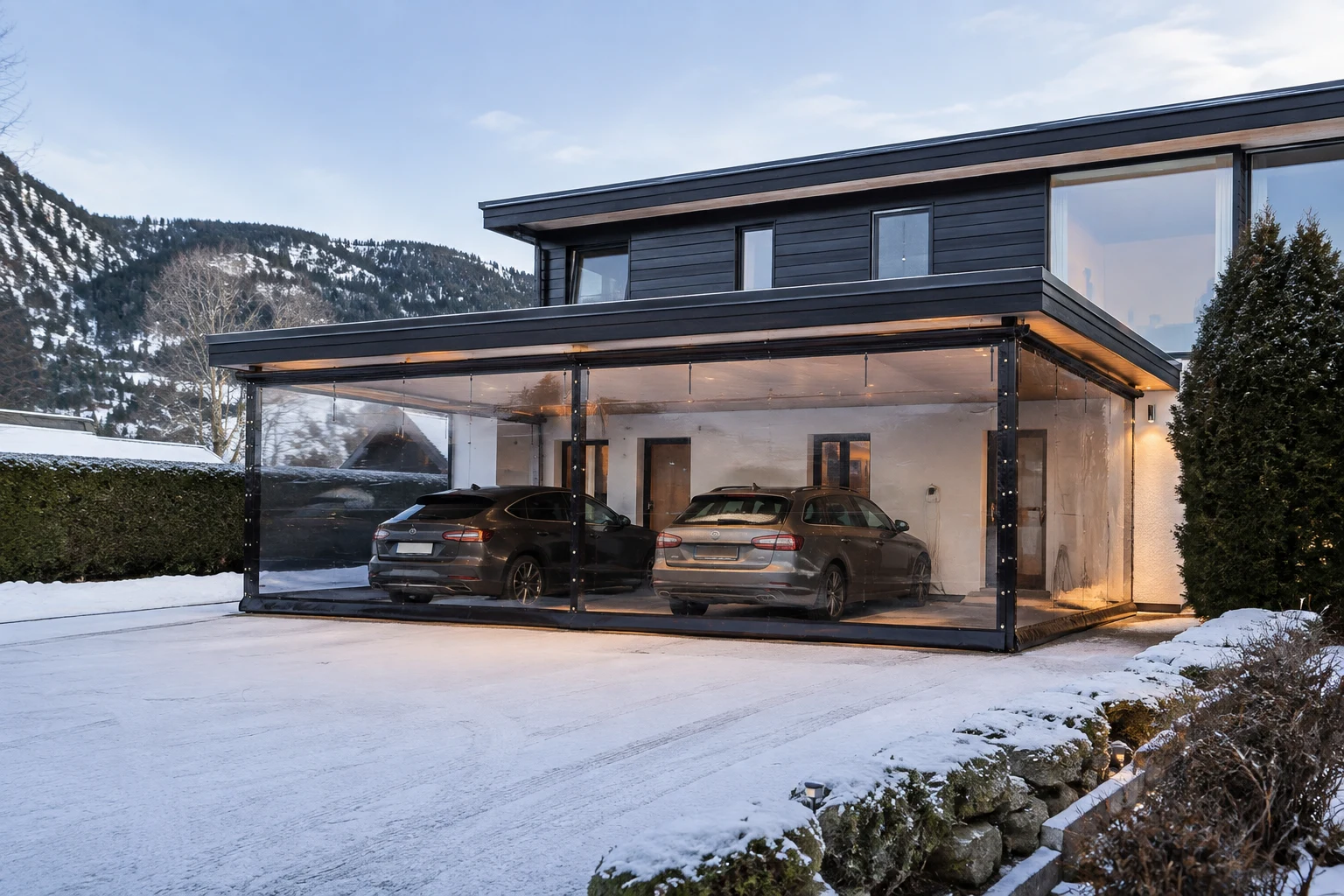 Carport med transparente terrassevegger vinterstid, snø og fjell